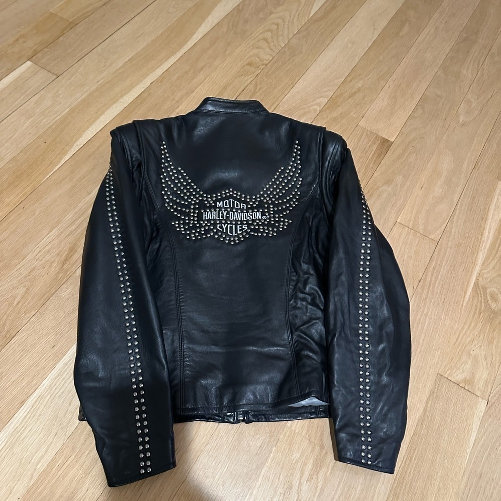 Harley-Davidson Black Studded lamb skin jacket Wing Logo Zip Front Size XS